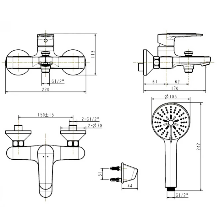 Bản vẽ kích thước sen tắm tay American Standard WF-B211 Codie
